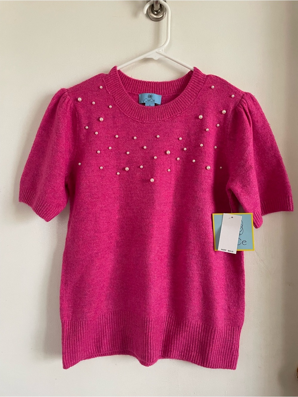 CeCe Bright Fuchsia Pearl-Detail Short Sleeve Sweater